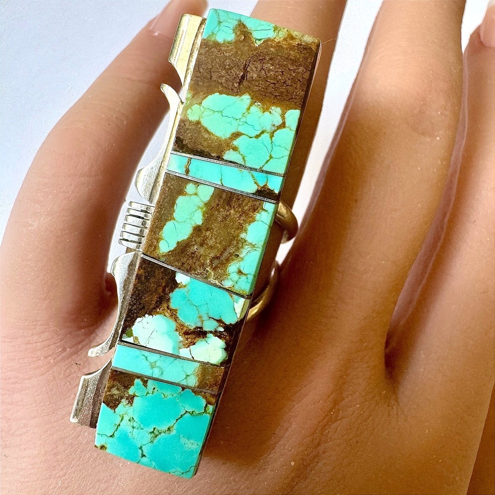 Navajo #8 Turquoise Ring‎ Sz 9 Long 2in Signed Steve Francisco Big Rect Sterling